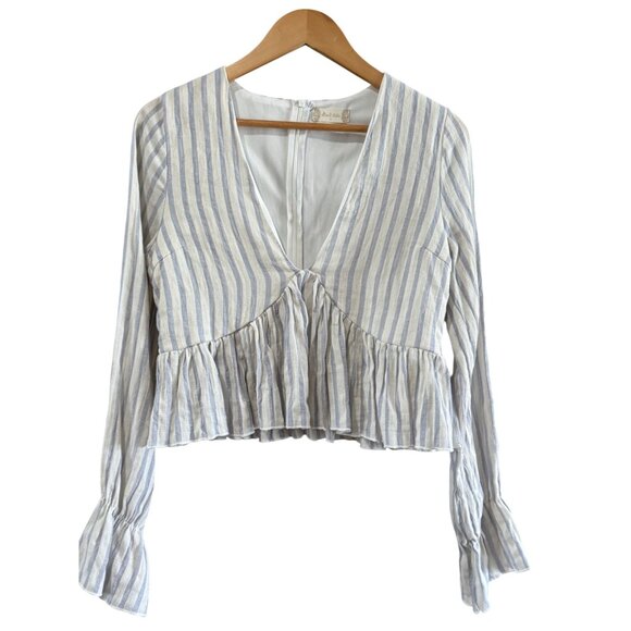 Altar’d State Top M Cropped Striped Long Sleeve Peplum Deep V-Neck Peasant - Picture 1 of 9